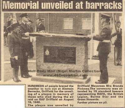 News article August 1990, regarding Memorial to victims of Air Raid at RAF Driffield on 15 August 1940.