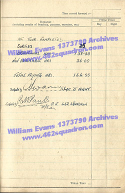 William Evans 1373790 RAF, 462 Squadron - Log Book, Foulsham, May 1945, 1st Tour Completed. 