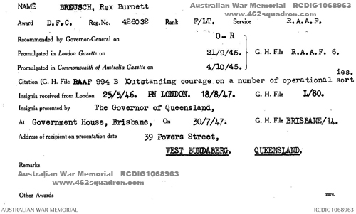 Rex Burnett Breusch 426032 RAAF, DFC Card at AWM (462 Squadron)