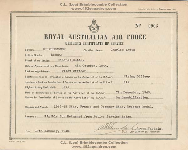 RAAF Officer's Certificate of Service, dated 17 January 1946, for Flying Officer Charles Louis Brimblecombe, 425592 RAAF.