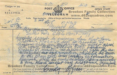 Telegram "Missing" 11 April 1945, Sergeant Frederick Brookes, 546437, RAF, of 462 Squadron, Foulsham. 
