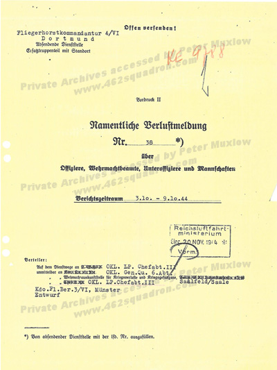 Cover page of 1944 German Report on Crash of Halifax MZ400, 462 Squadron. 