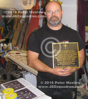 Andy Ward, nephew of Bomb Aimer Alan James Ward, and Memorial plaque for the crew of Halifax MZ400 Z5-J, 462 Squadron. 