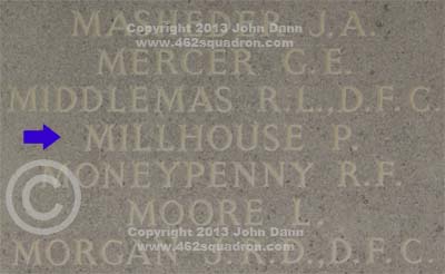Inscription on Runnymede Memorial for Peter Millhouse, 153804 RAFVR, 462 Squadron.