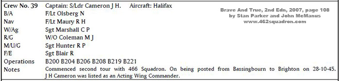 Cameron Crew 39 at 466 Squadron, from "Brave True" page 108; incdding F/Sgt M J Coleman 436070 RAAF, later in 462 Squadron.