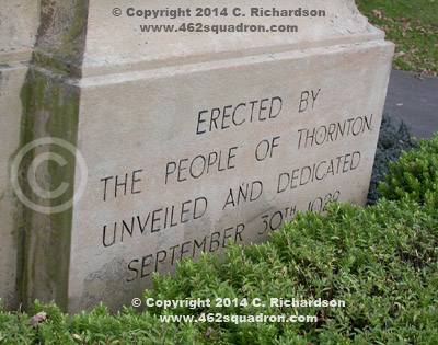 Lower inscription on front of Thornton War Memorial, West Yorkshire (Thomas Edward Mackrill, 462 Squadron).