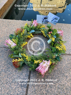 Wreath with Memorial Cards, AWM, in honour of Crew of Halifax NA240 Z5-V, 462 Squadron.