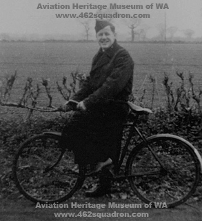 Navigator Keith Currie 436316 RAAF, 462 Squadron, Foulsham, 1945, with his bicycle. 
