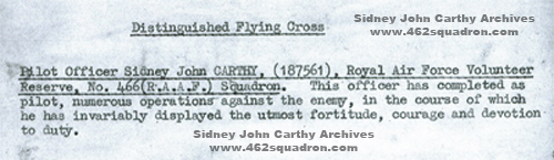 Sydney John Carthy 187561 RAFVR, DFC Citation (previously 462 Squadron).