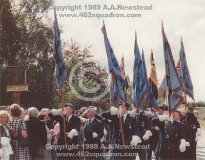 Ex-RAF veterans and Standard Bearers arrive at the Foulsham Village Sign for the unveiling of Memorial Plaques, 27 August 1989.