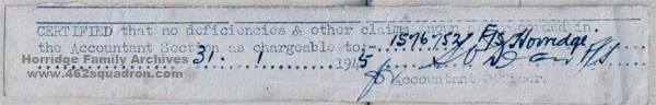 John Walker Horridge, 1576752 RAFVR (later 190747) - Certification of no deficiencies or claims against him as of 31 January 1945 (466 Squadron, previously 462 Squadron).