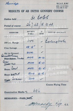 John Walker Horridge 1576752 (later 190747) RAFVR - result sheet for AB Initio Gunnery Course at 31 BAGS Canada, recorded in Flying Log Book 15 October 1943, later Bomb Aimer in 462 Squadron.