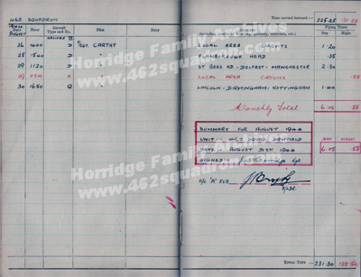 Flying Log Book, 462 Squadron, August 1944, John Walker Horridge 1576752 (190747) RAFVR.