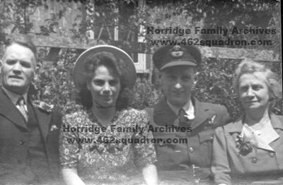 F/O John Walker Horridge 190747 (previously 1576752) RAFVR, and Bride Myra Kemp after their wedding on 23 June 1946, with Roland & Frances Kemp, the Bride's parents. (462 Squadron) 