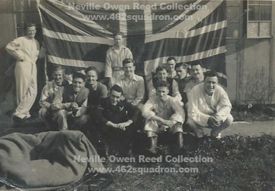 462 Squadron, RAAF, 100 Group, VE Day at Foulsham, May 1945, with group of Special Duties (WINDOW) Airmen and members of other crews.