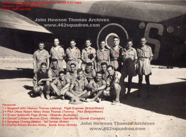 Six members of the Tommy Thomas crew of 462 Squadron at Hosc Raui, in the Middle East, with Halifax W1169 S "Sugar", and other personnel, September 1943. 