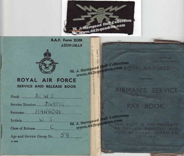 Winifred Joan Hawgood WAAF 2149994, Service and Release Book; Pay Book; Wireless Operator's cloth badge (previuosly at Foulsham, site of 462 Squadron)